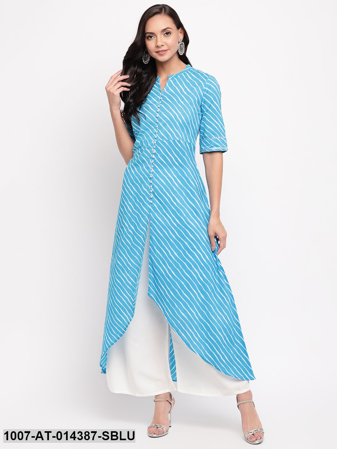 Leheriya Print Cotton High-Low Kurta (Sky Blue)