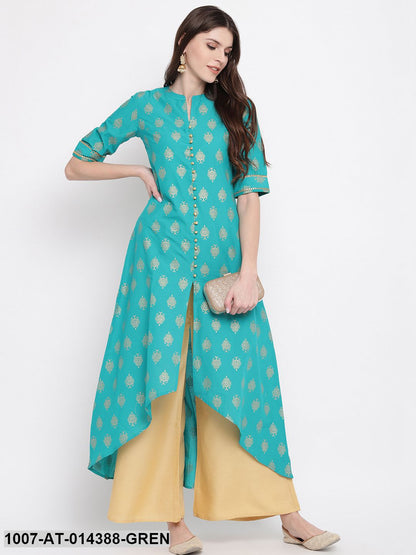 Gold Printed Cotton High-Low Kurta (Rama Green)