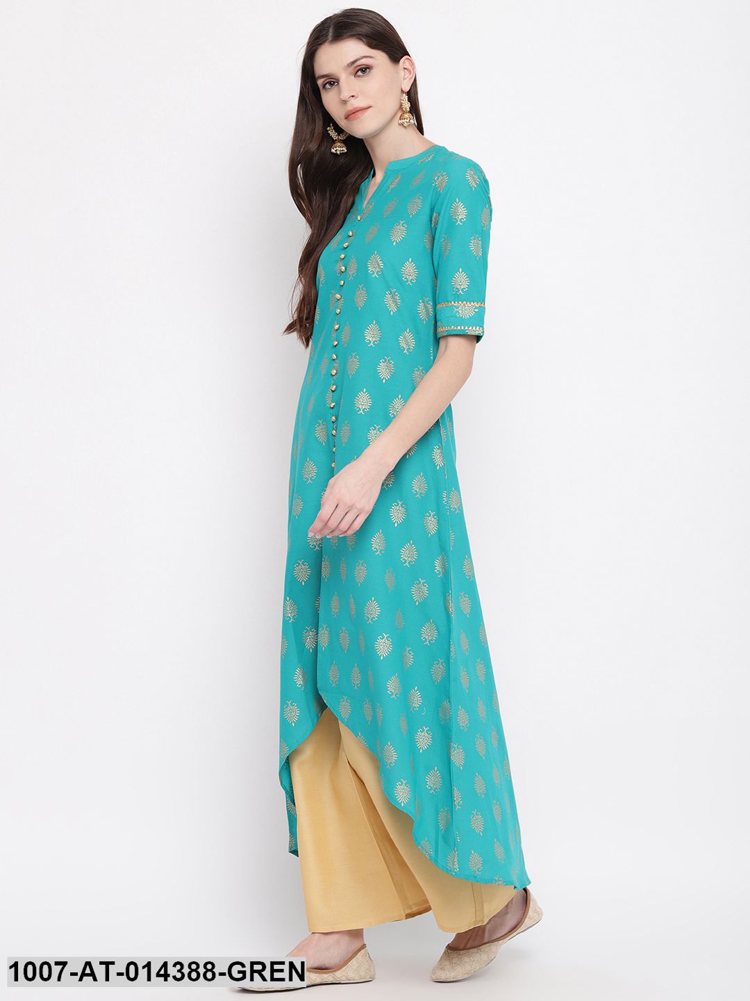 Gold Printed Cotton High-Low Kurta (Rama Green)