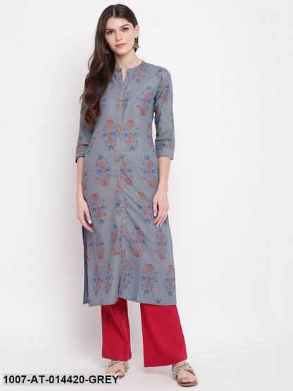 Floral Print Cotton Straight Kurta (Grey)