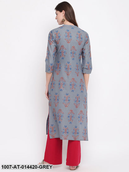 Floral Print Cotton Straight Kurta (Grey)