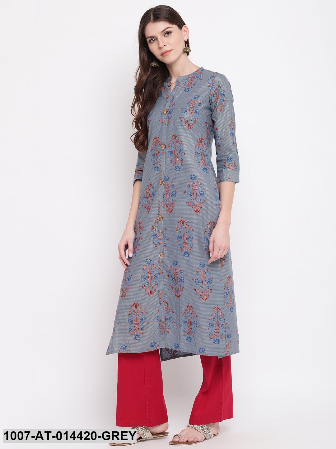 Floral Print Cotton Straight Kurta (Grey)