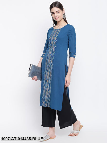 Gold Print Cotton Straight Kurta (Blue)