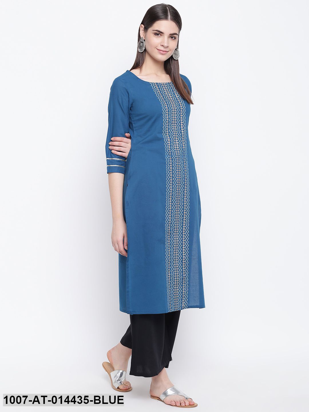 Gold Print Cotton Straight Kurta (Blue)