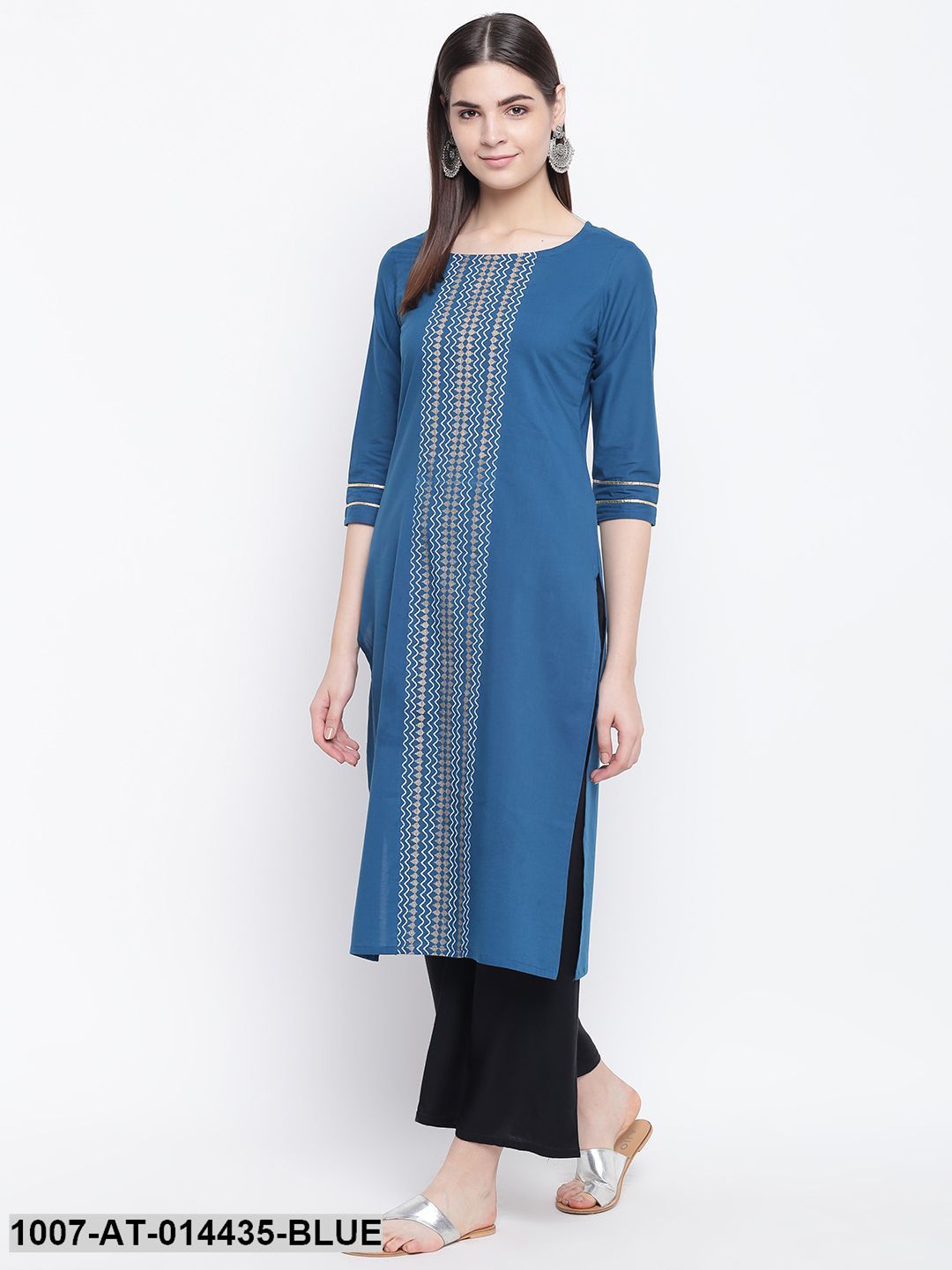 Gold Print Cotton Straight Kurta (Blue)