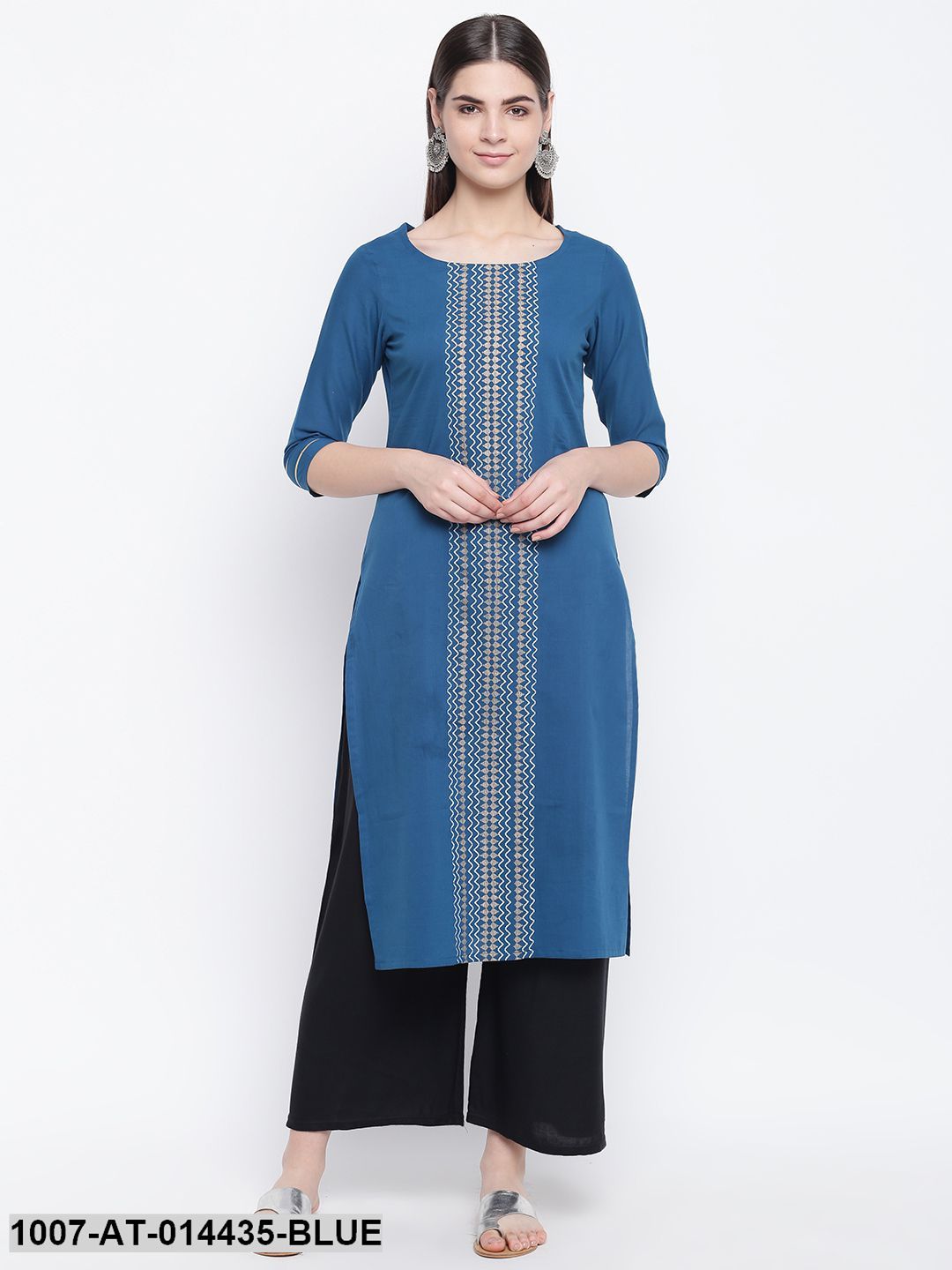 Gold Print Cotton Straight Kurta (Blue)