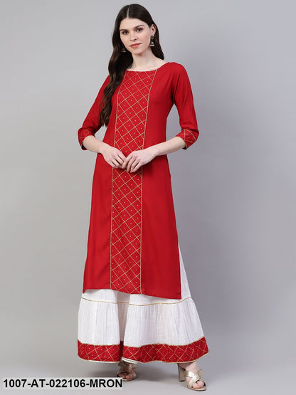 Women's Checkered Rayon Straight Kurta (Maroon)