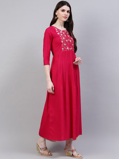 Women's Embroidered Rayon Flared Kurta (Pink)