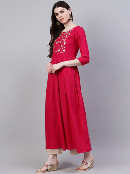 Women's Embroidered Rayon Flared Kurta (Pink)