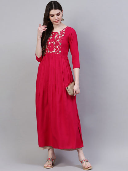 Women's Embroidered Rayon Flared Kurta (Pink)