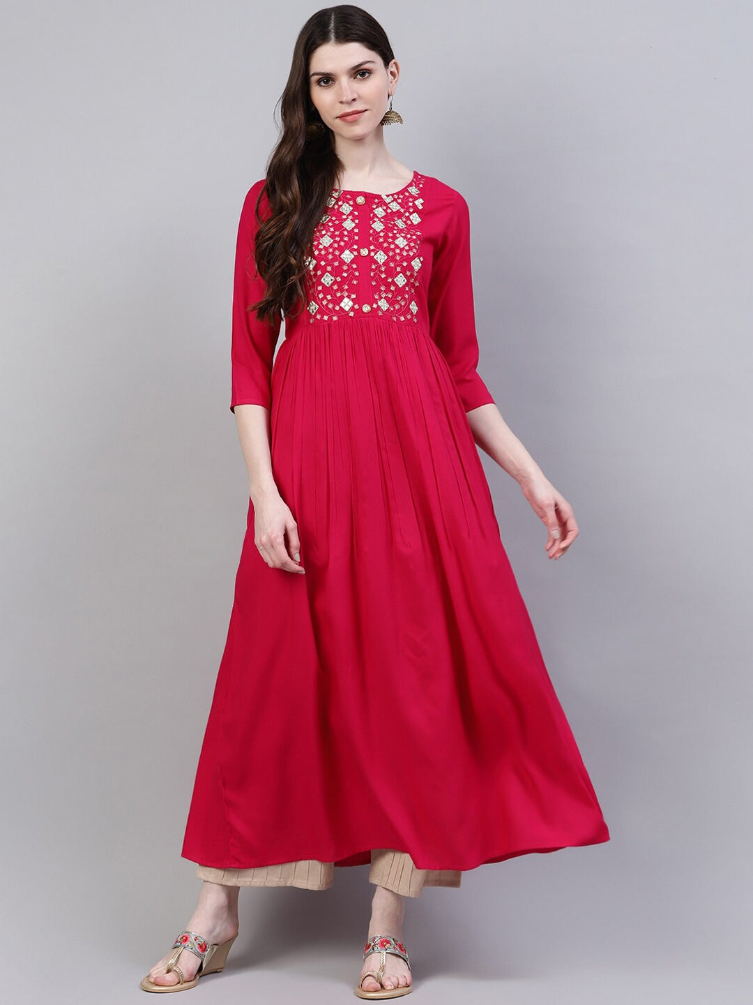 Women's Embroidered Rayon Flared Kurta (Pink)