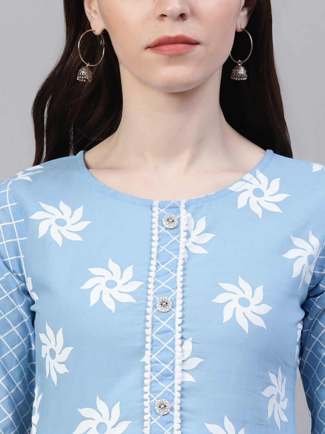 Women's Printed Cotton Flared Kurta (Light Blue)