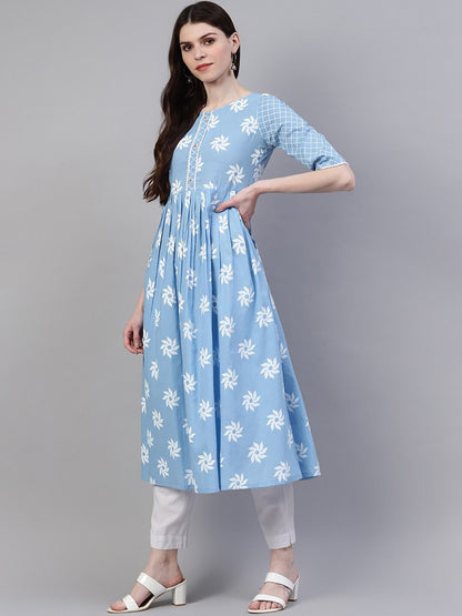 Women's Printed Cotton Flared Kurta (Light Blue)