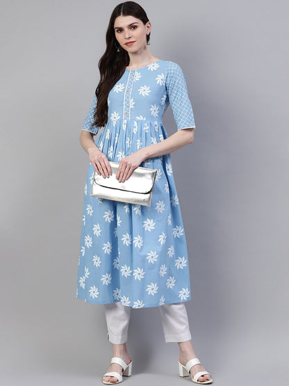 Women's Printed Cotton Flared Kurta (Light Blue)