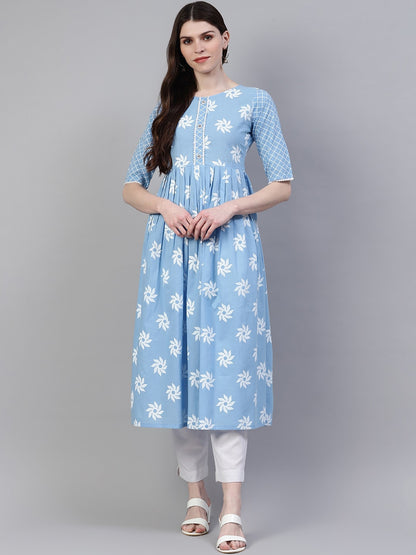 Women's Printed Cotton Flared Kurta (Light Blue)