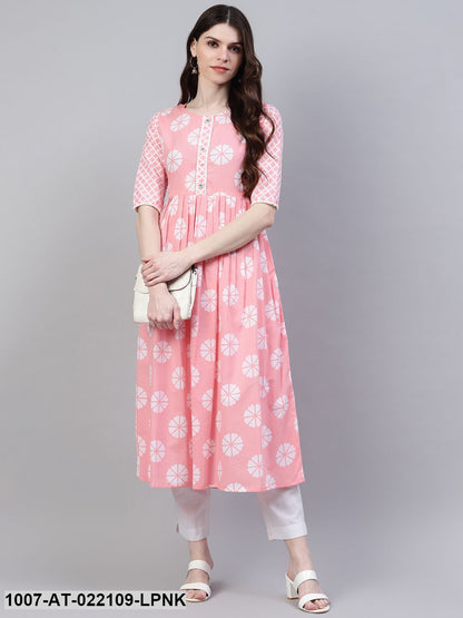 Women's Printed Cotton Flared Kurta (Light Pink)