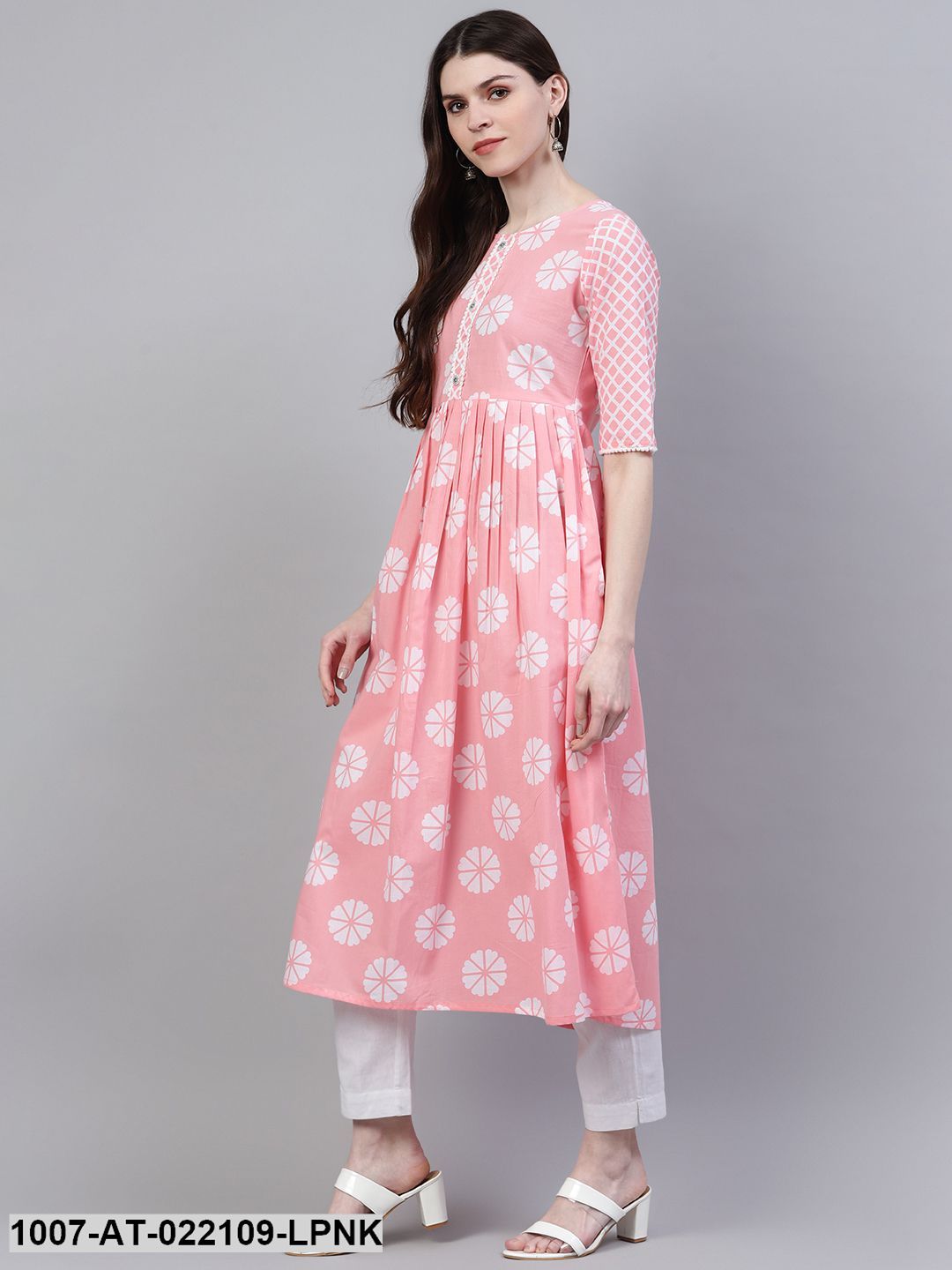 Women's Printed Cotton Flared Kurta (Light Pink)