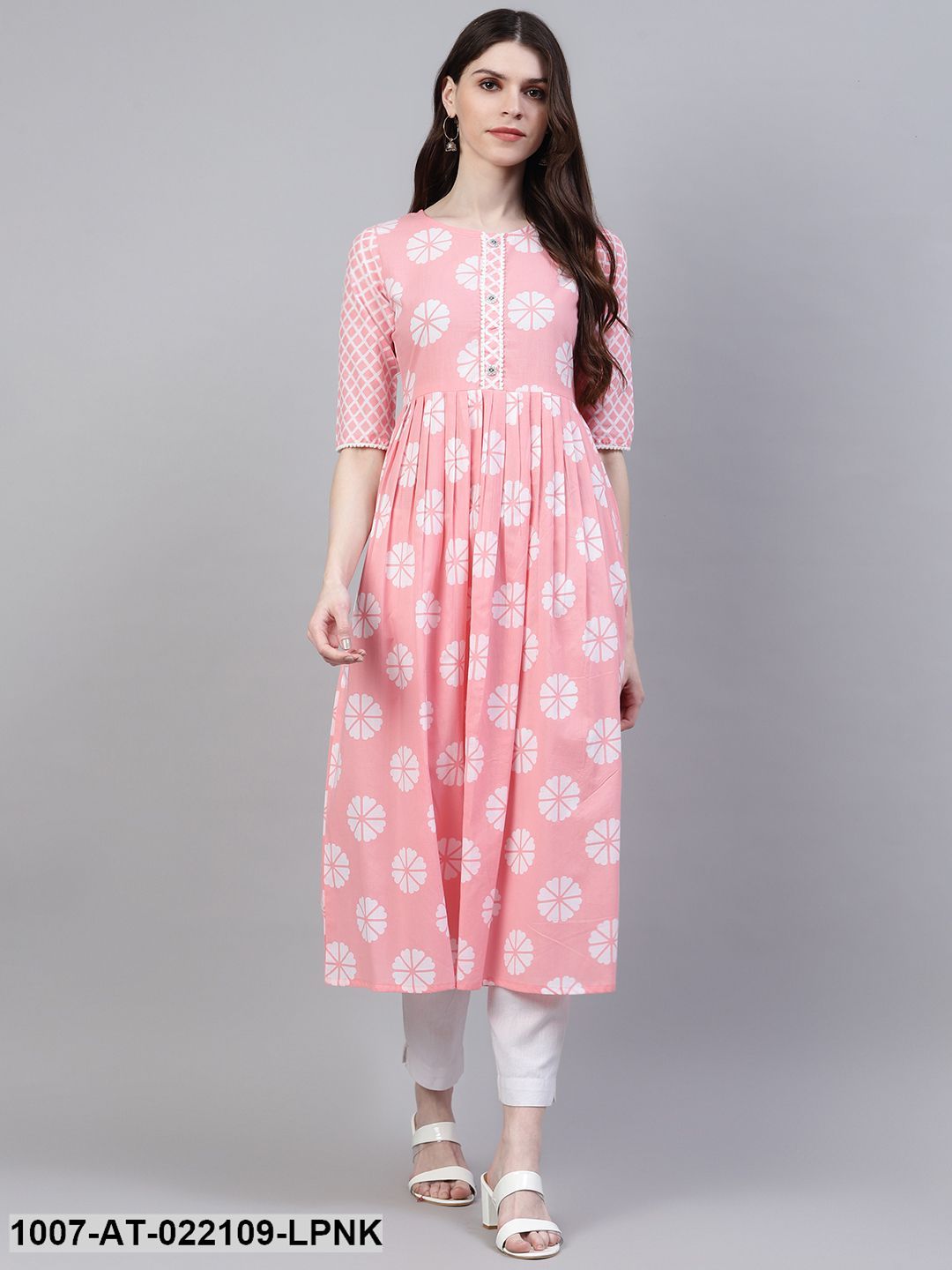 Women's Printed Cotton Flared Kurta (Light Pink)