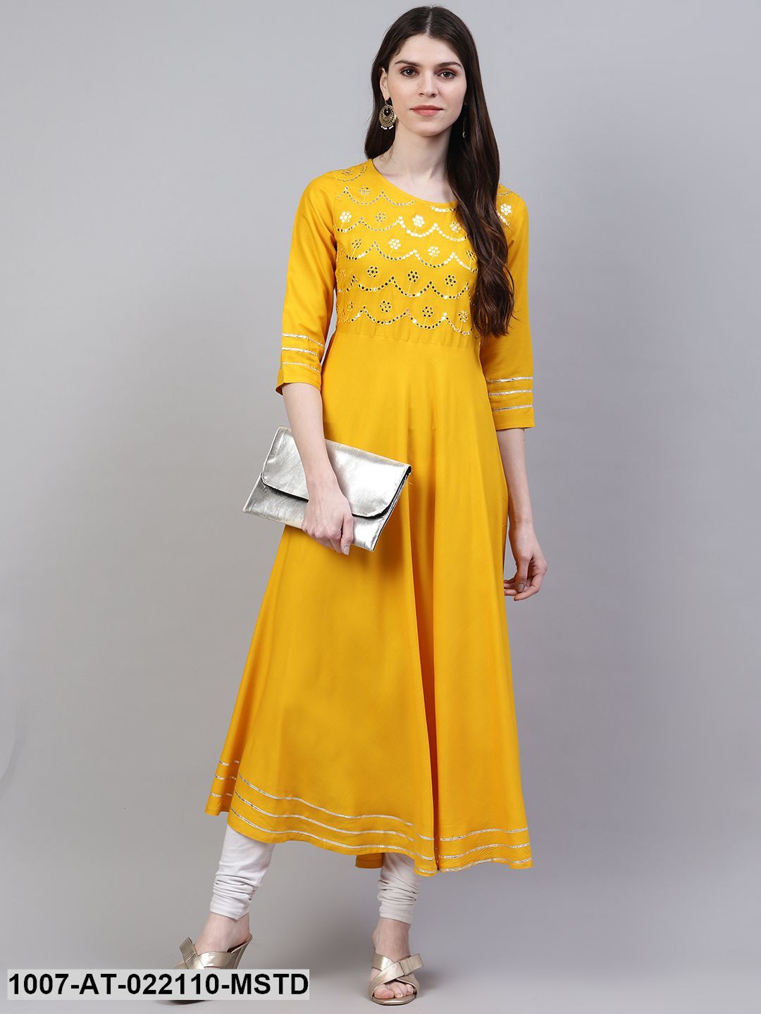 Women's Embellished Rayon Flared Kurta (Mustard)