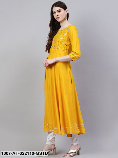 Women's Embellished Rayon Flared Kurta (Mustard)