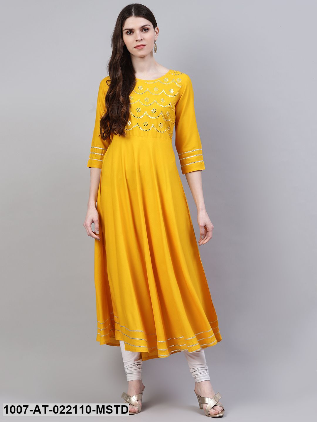 Women's Embellished Rayon Flared Kurta (Mustard)