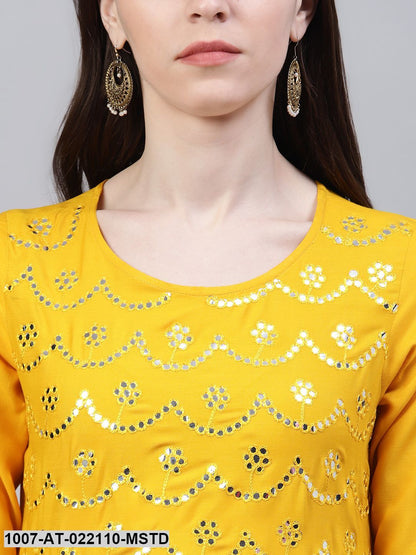 Women's Embellished Rayon Flared Kurta (Mustard)