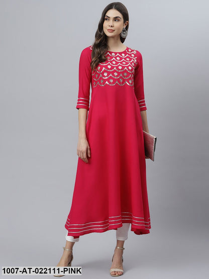 Women's Embellished Rayon Flared Kurta (Pink)