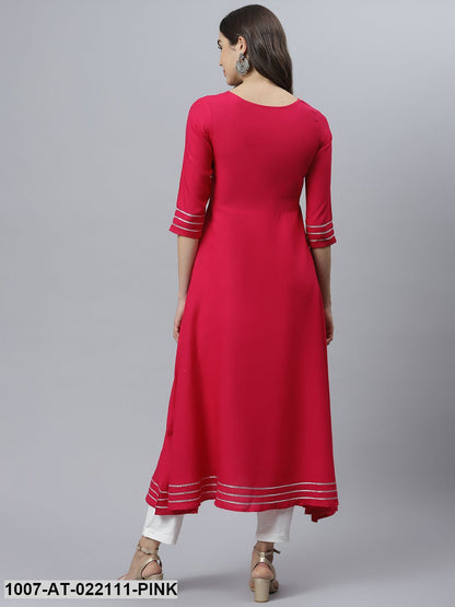 Women's Embellished Rayon Flared Kurta (Pink)