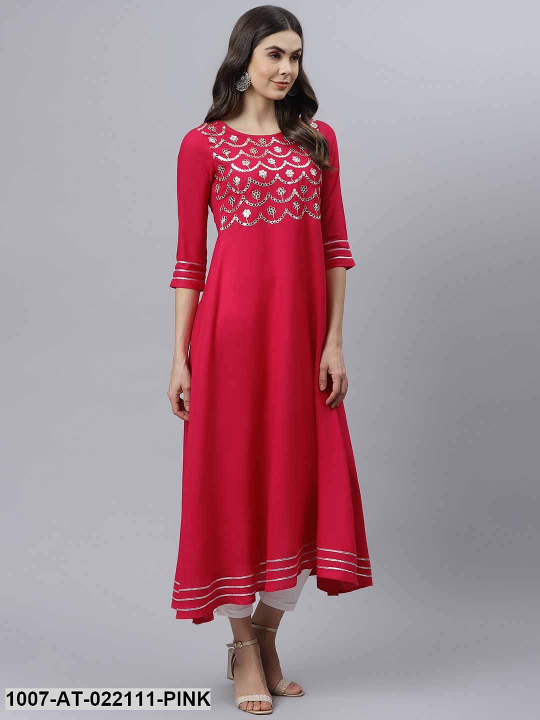 Women's Embellished Rayon Flared Kurta (Pink)