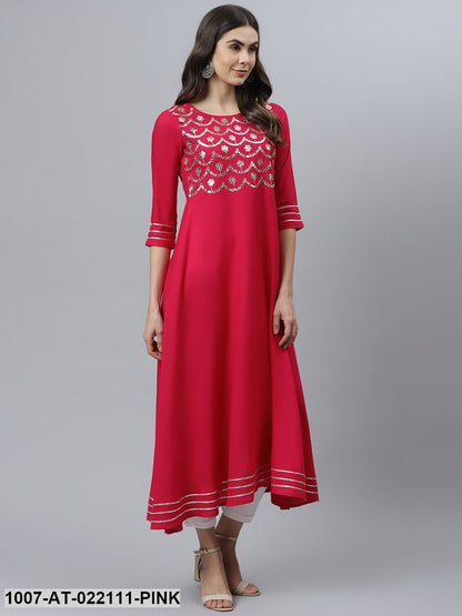 Women's Embellished Rayon Flared Kurta (Pink)