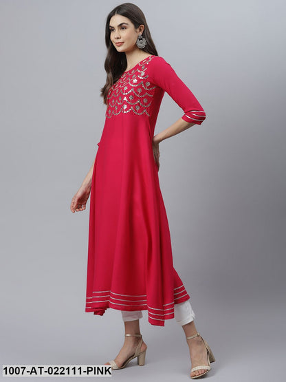 Women's Embellished Rayon Flared Kurta (Pink)