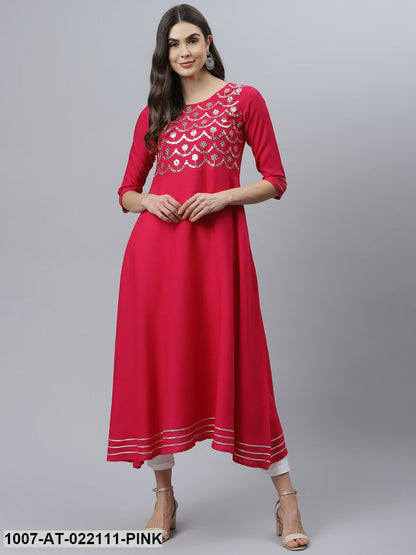 Women's Embellished Rayon Flared Kurta (Pink)