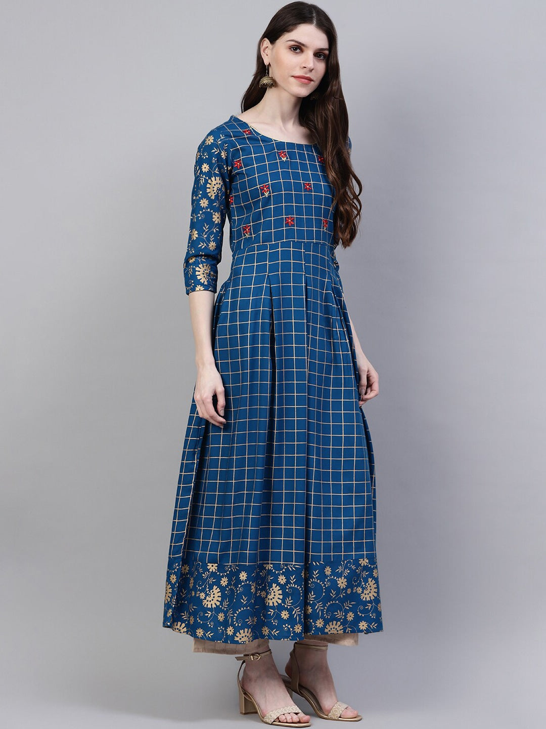 Women's Checkered Rayon Flared Kurta (Teal Blue)