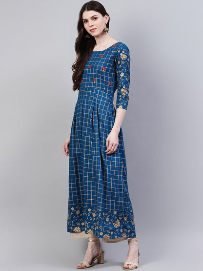 Women's Checkered Rayon Flared Kurta (Teal Blue)