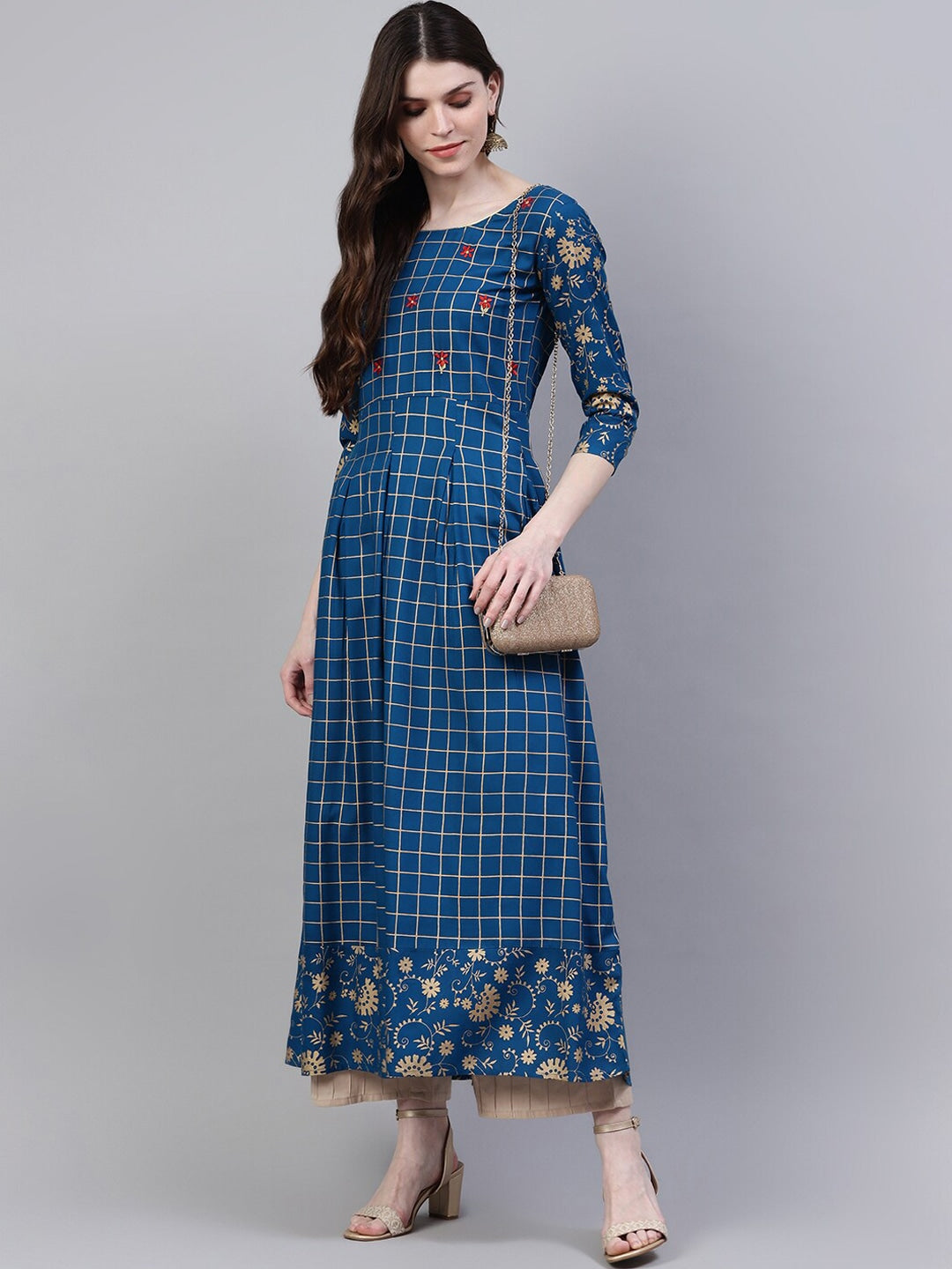 Women's Checkered Rayon Flared Kurta (Teal Blue)