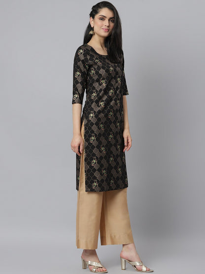 Women's Gold Print Rayon Straight Kurta