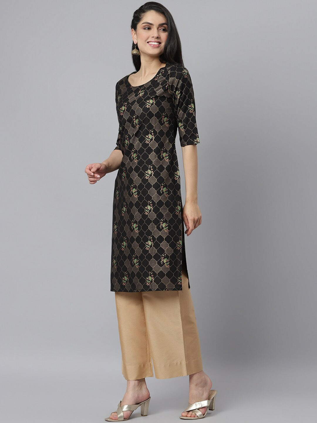 Women's Gold Print Rayon Straight Kurta