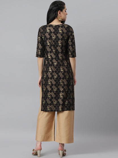 Women's Gold Print Rayon Straight Kurta