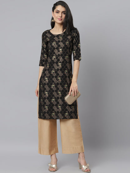 Women's Gold Print Rayon Straight Kurta