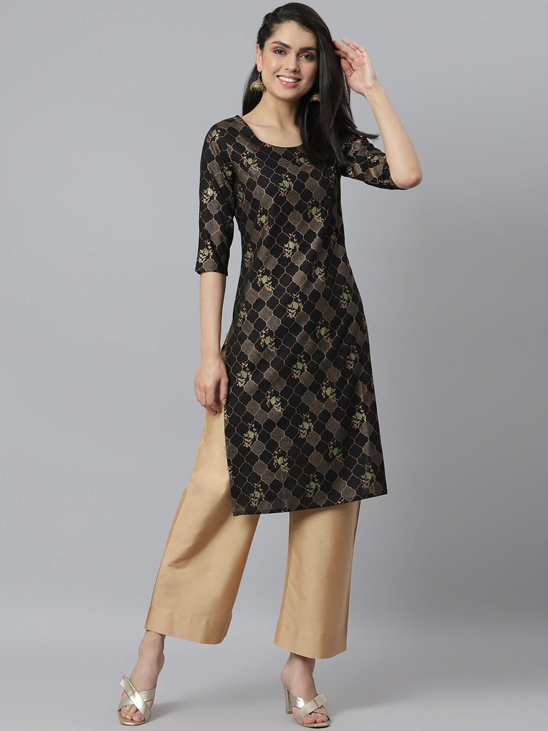 Women's Gold Print Rayon Straight Kurta