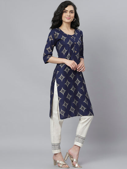 Women's Gold Printed Rayon Straight Kurta