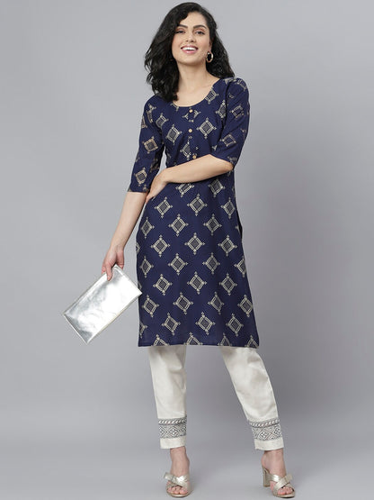 Women's Gold Printed Rayon Straight Kurta