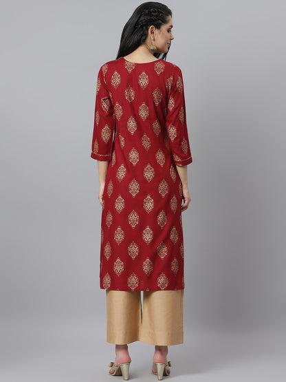 Women's Gold Printed Rayon Straight Kurta