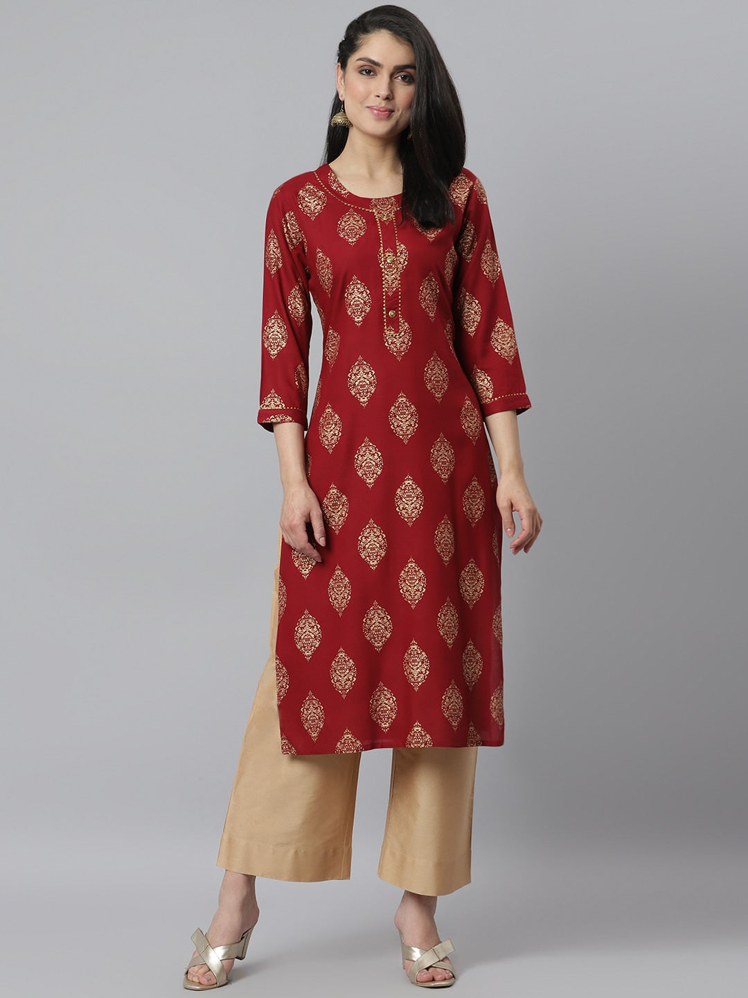 Women's Gold Printed Rayon Straight Kurta