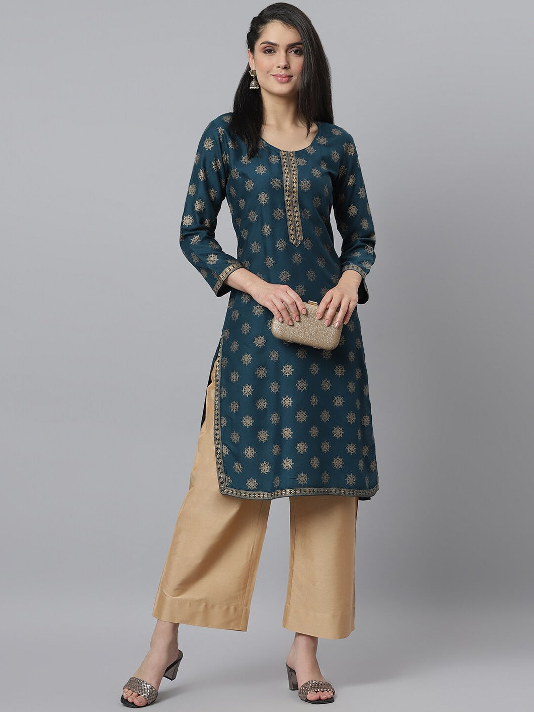 Women's Gold Printed Rayon Straight Kurta