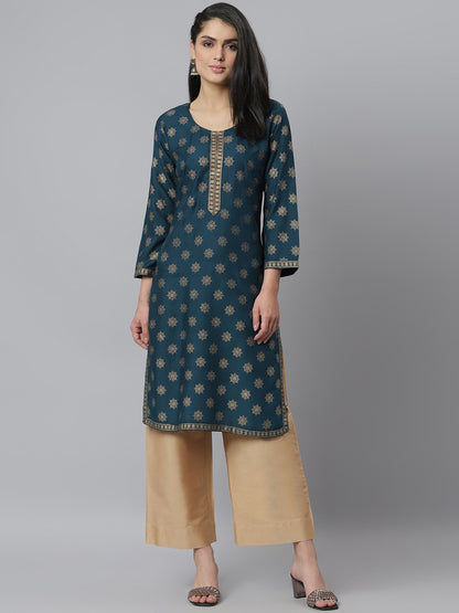 Women's Gold Printed Rayon Straight Kurta