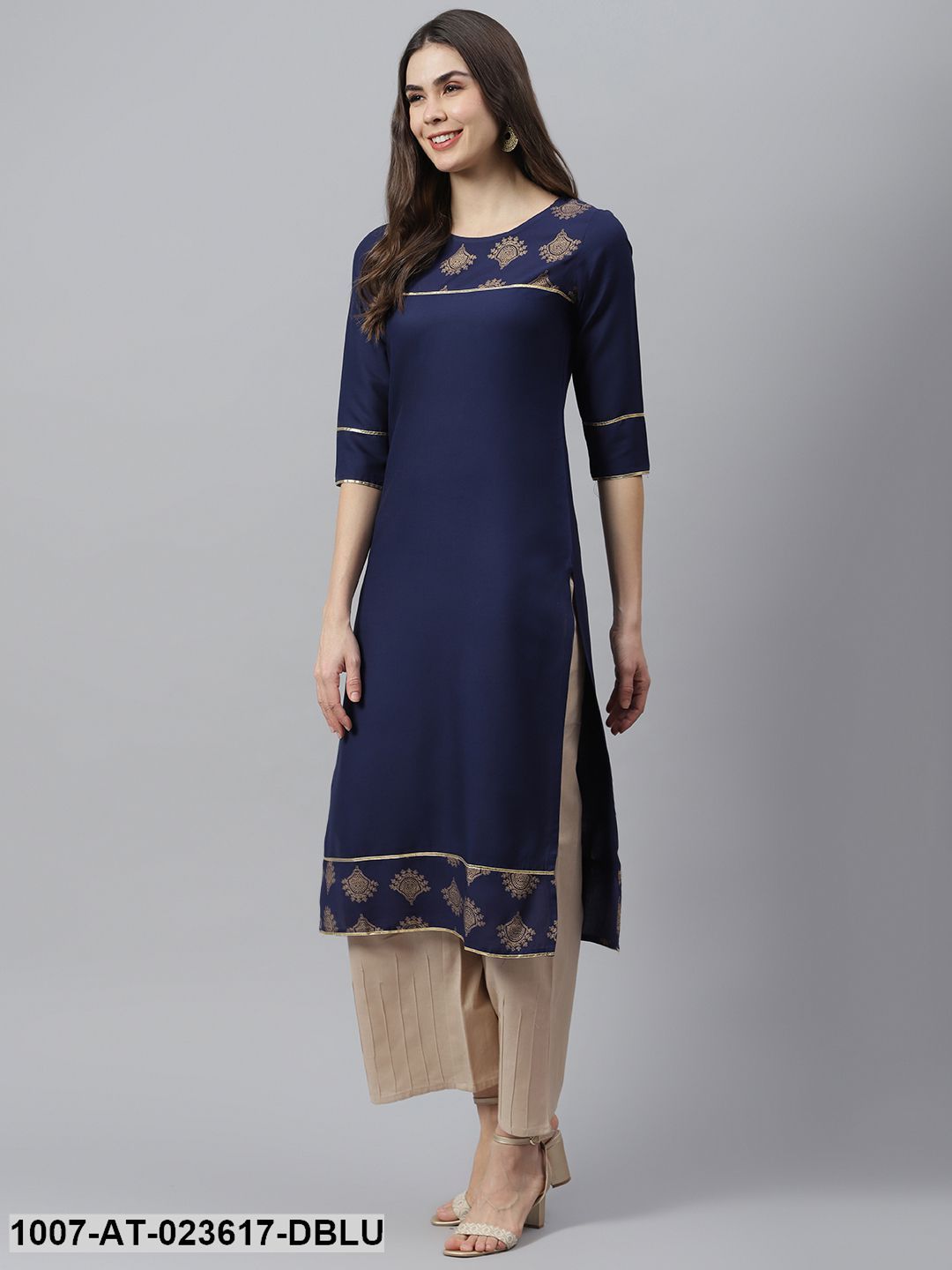 Women's Gold Printed Rayon Straight Kurta