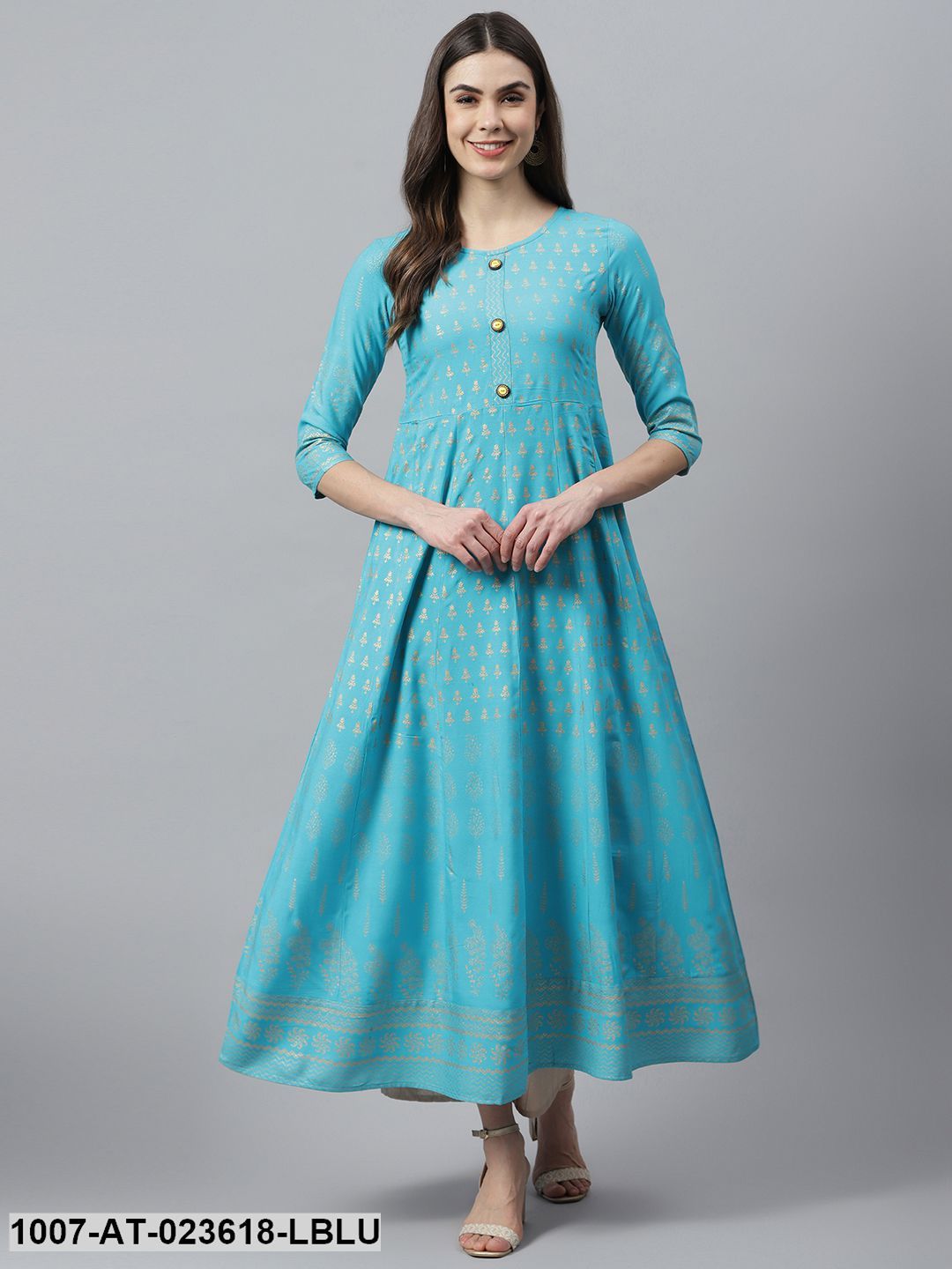 Women's Gold Printed Rayon Anarkali Kurta