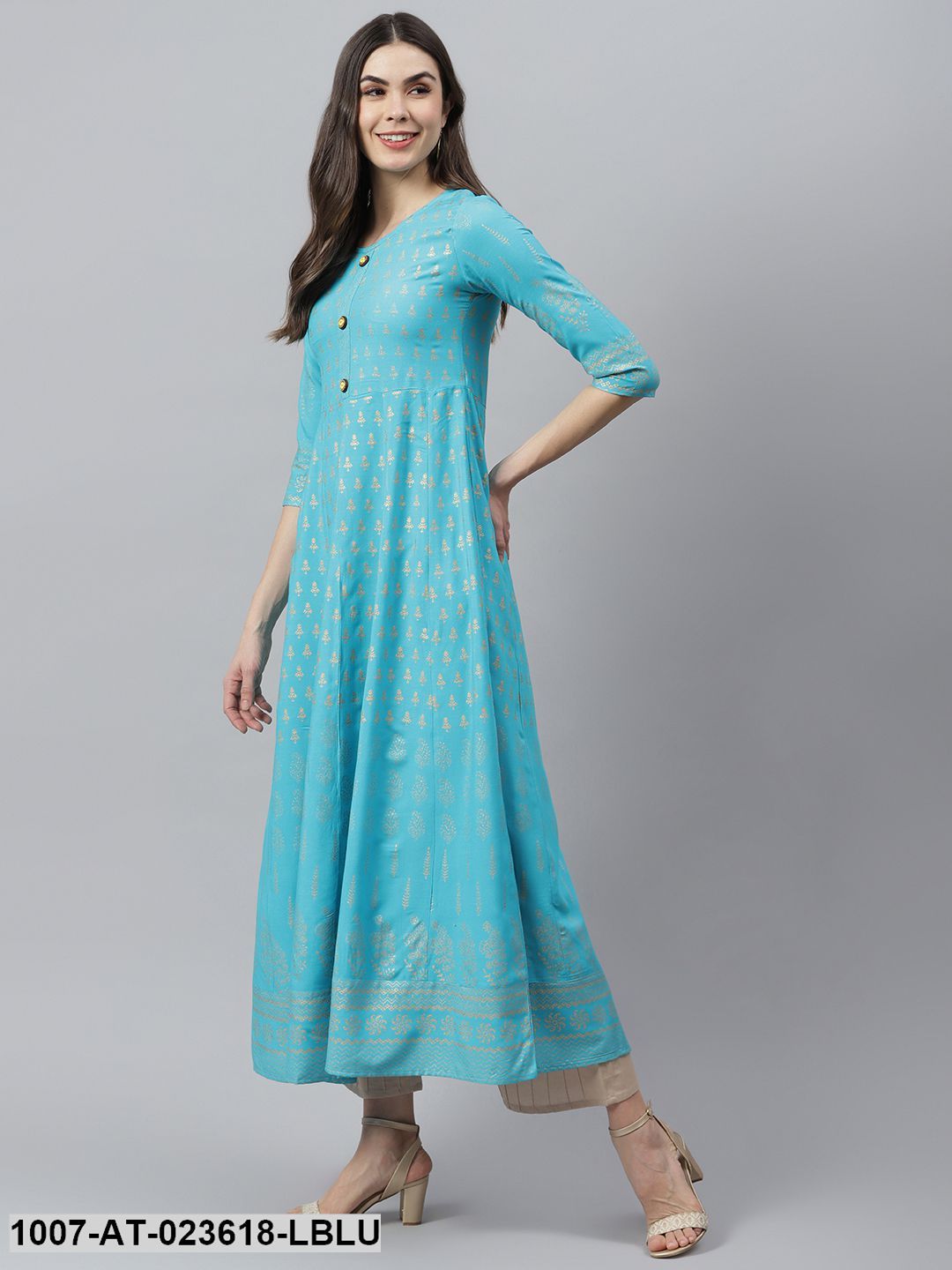 Women's Gold Printed Rayon Anarkali Kurta