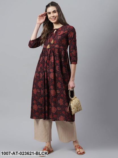 Women's Floral Printed Cotton Flared Kurta